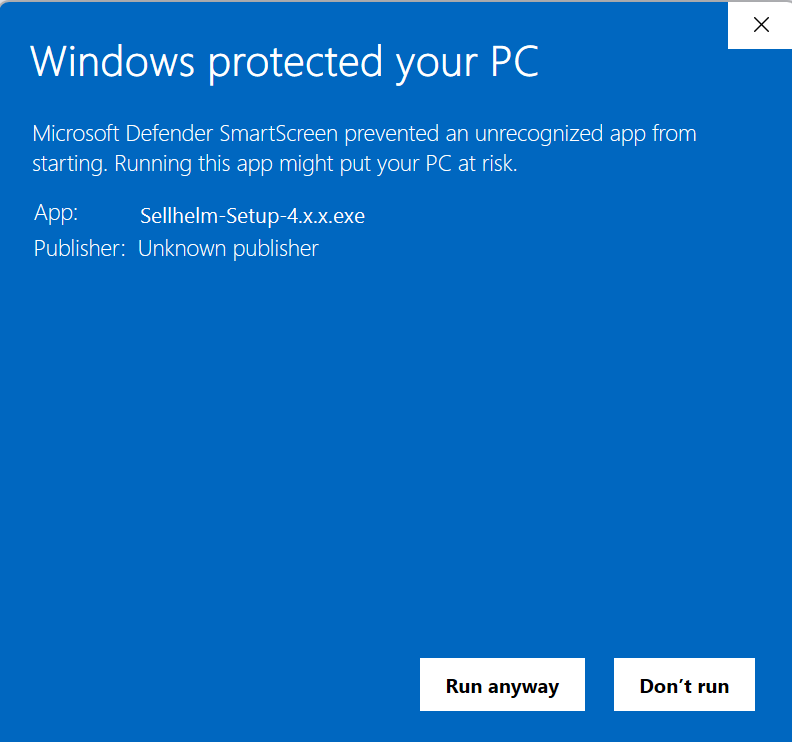 The same message after clicking More info, now with a Run anyway button