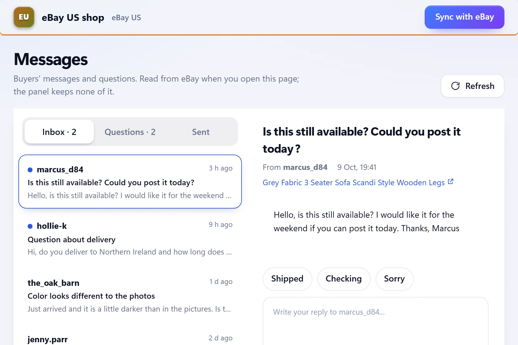 The Messages page: inbox and sent messages with quick replies