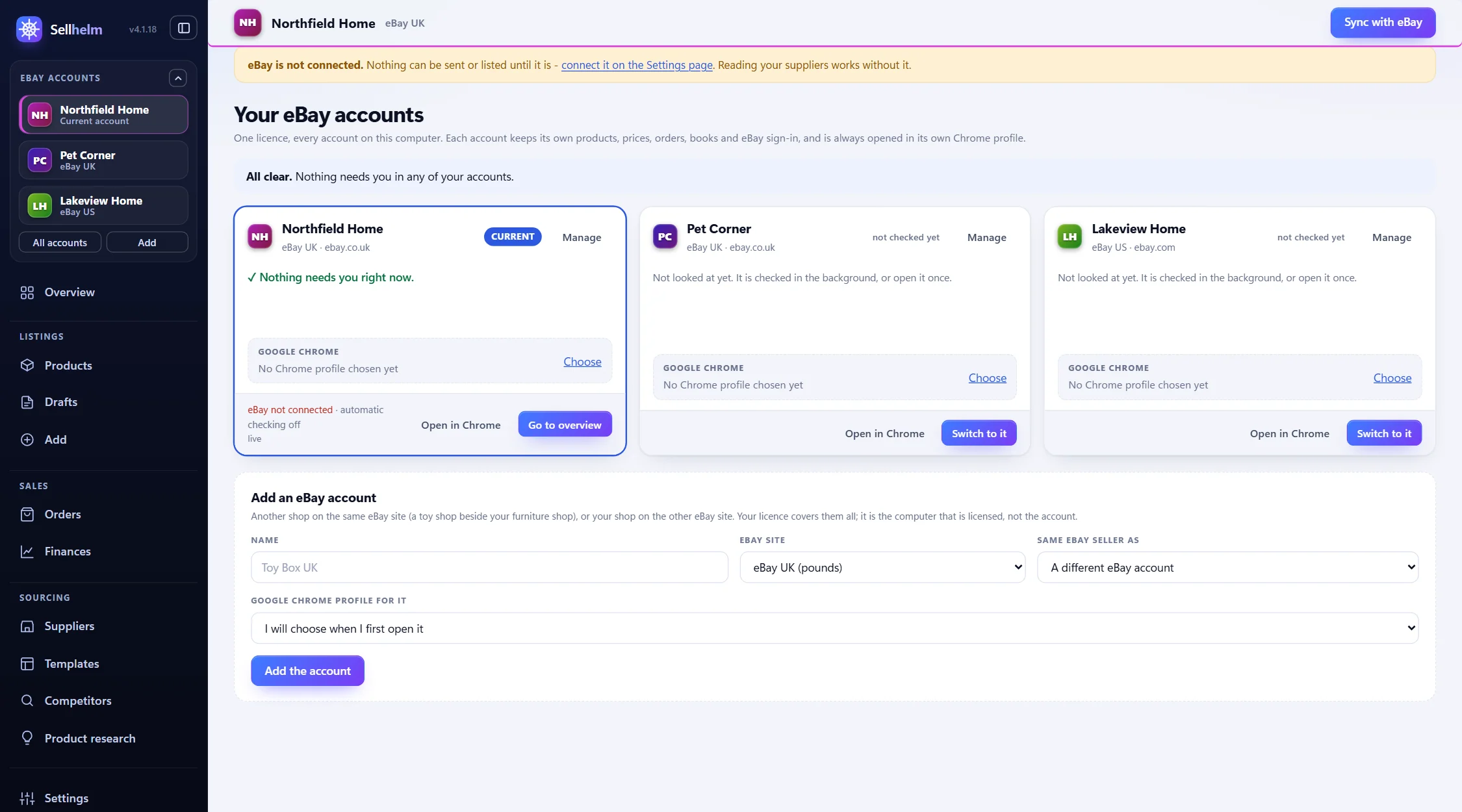 The Your eBay accounts page: several eBay accounts, UK and US, each with what needs you and its own Chrome profile