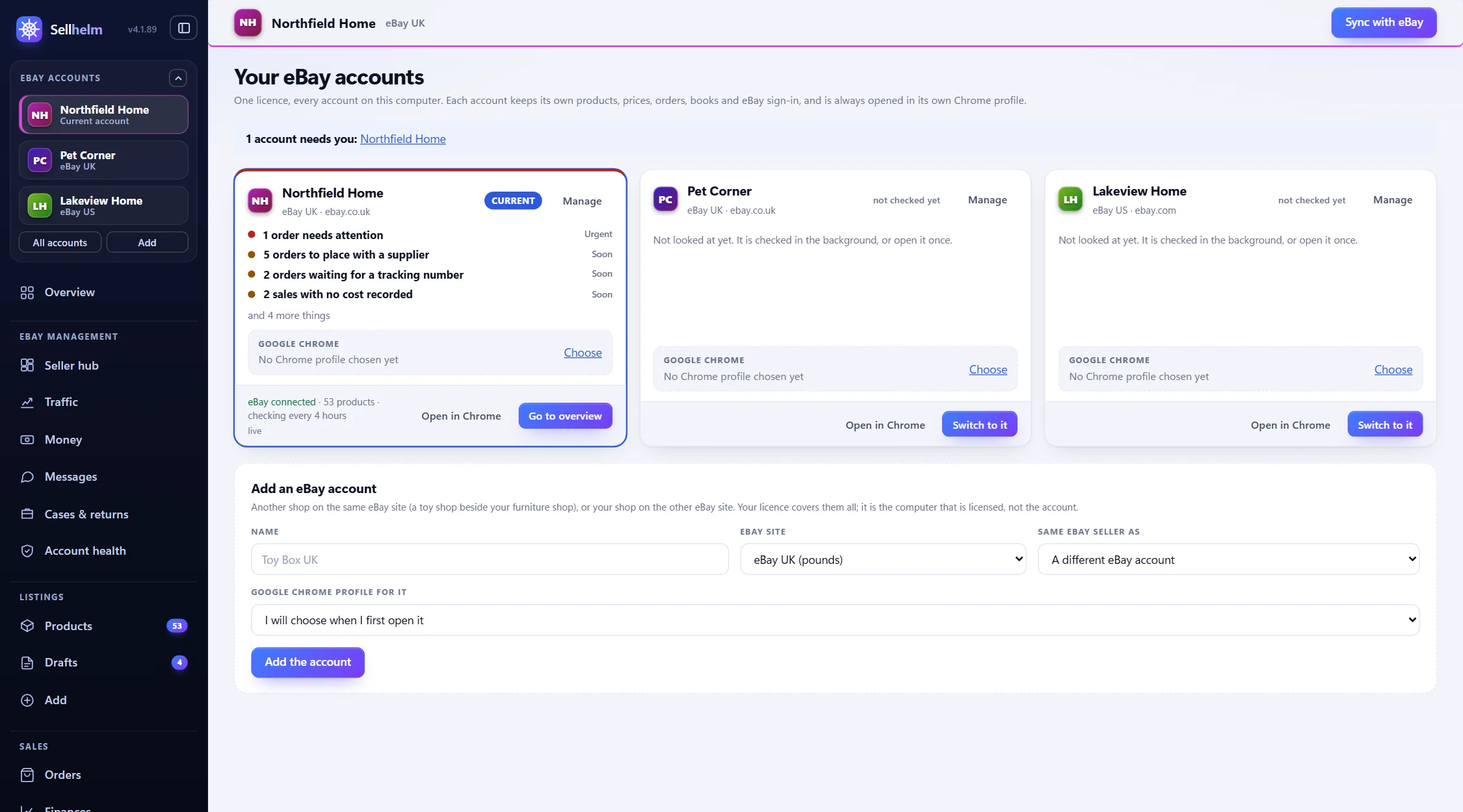 The Your eBay accounts page: several eBay accounts, UK and US, each with what needs you and its own Chrome profile