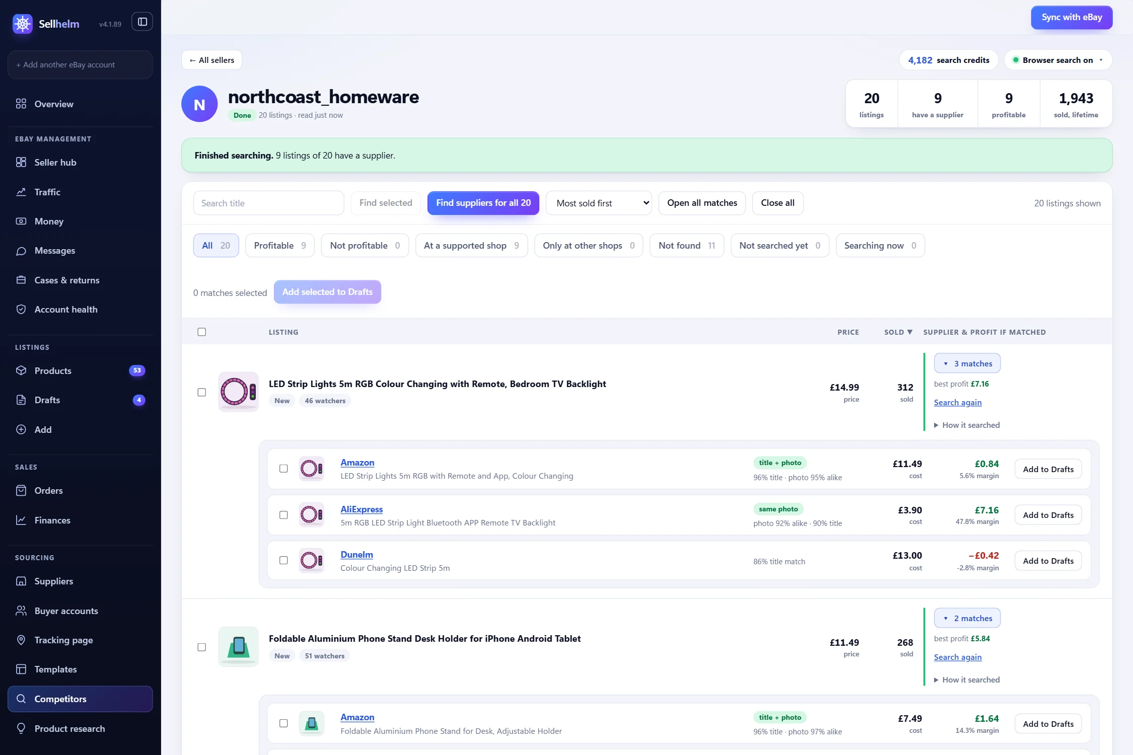 Competitor research: a seller’s listings with their sold counts and the supplier matches found, each with its proof
