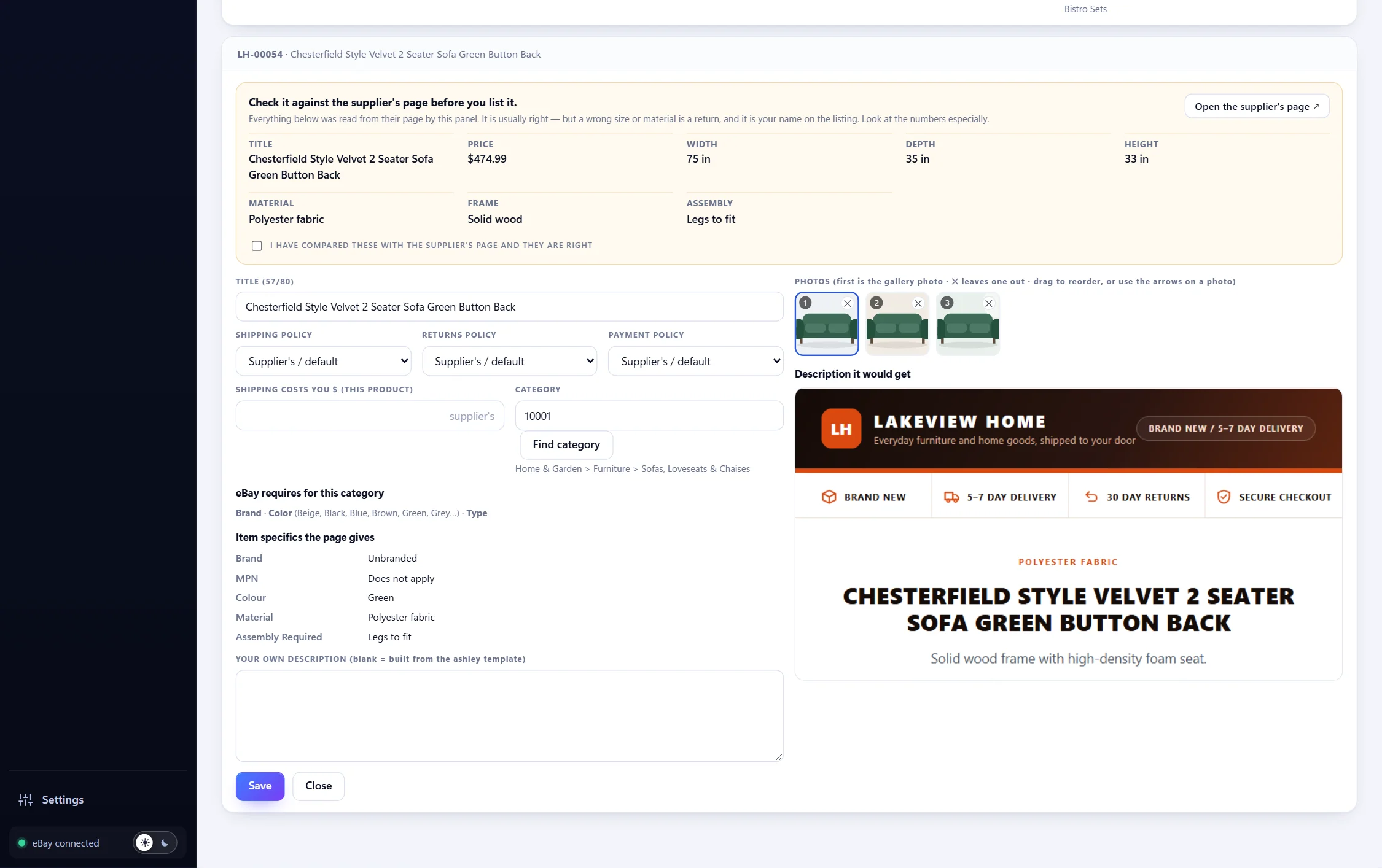 A draft open: title score, category, item specifics, photos and the listing it will build