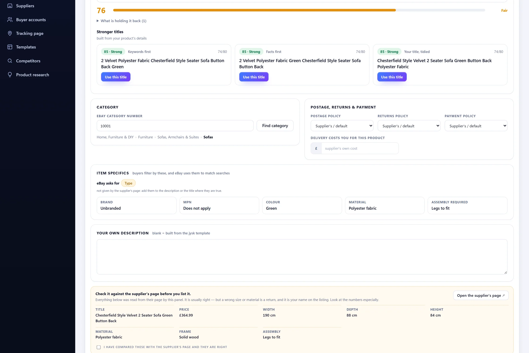 A draft open: title score, category, item specifics, photos and the listing it will build