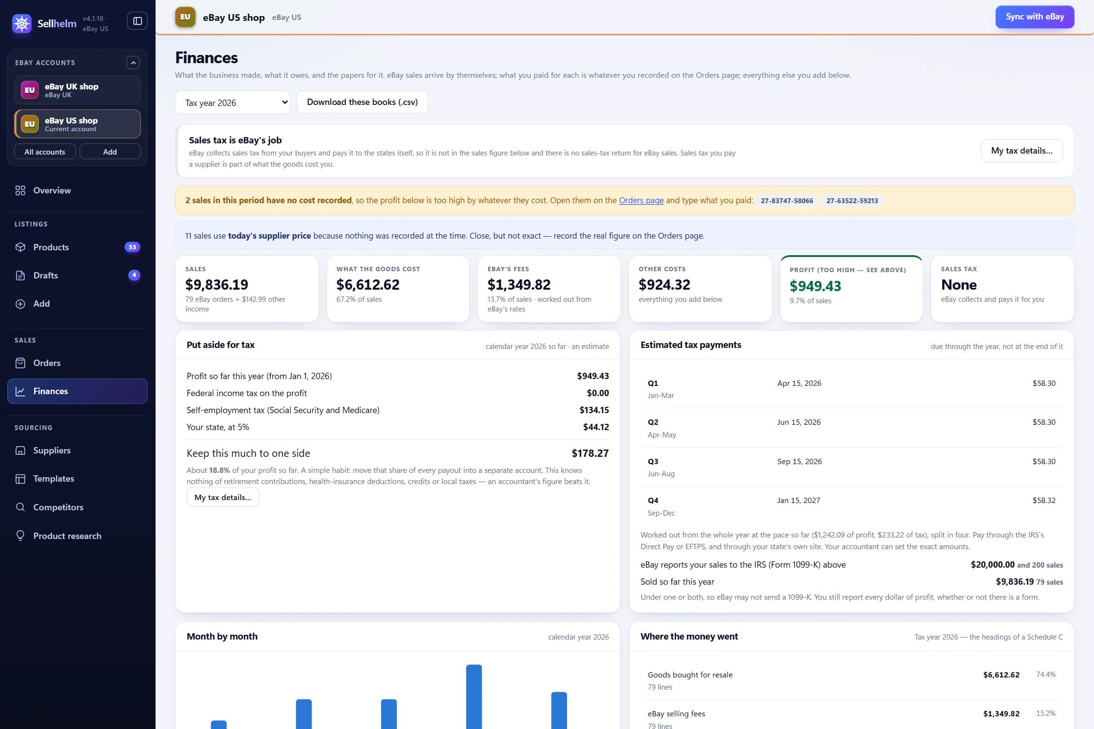 The Finances page: sales, goods, fees and profit, with tax to put aside
