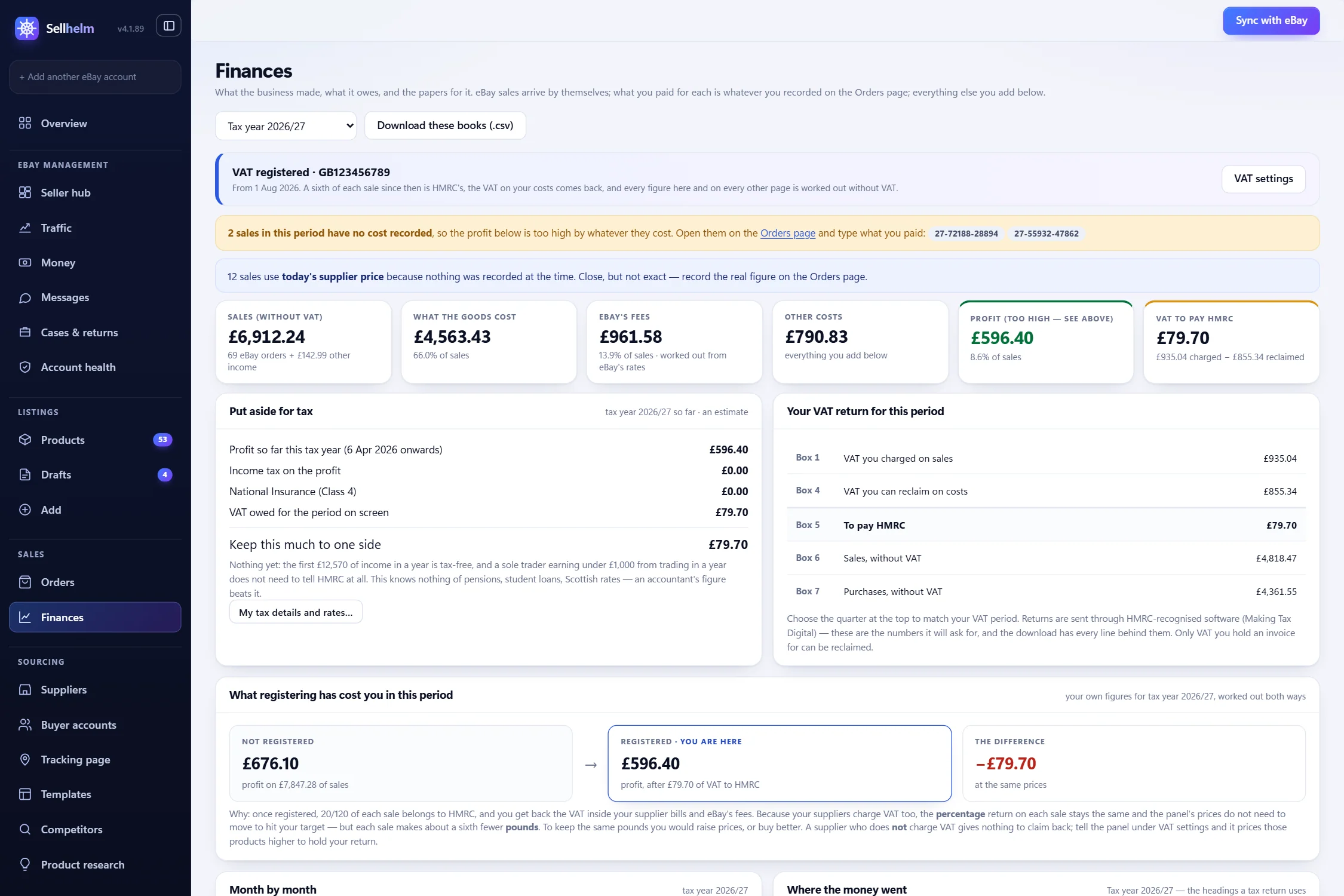 The Finances page: sales, goods, fees and profit, with tax to put aside