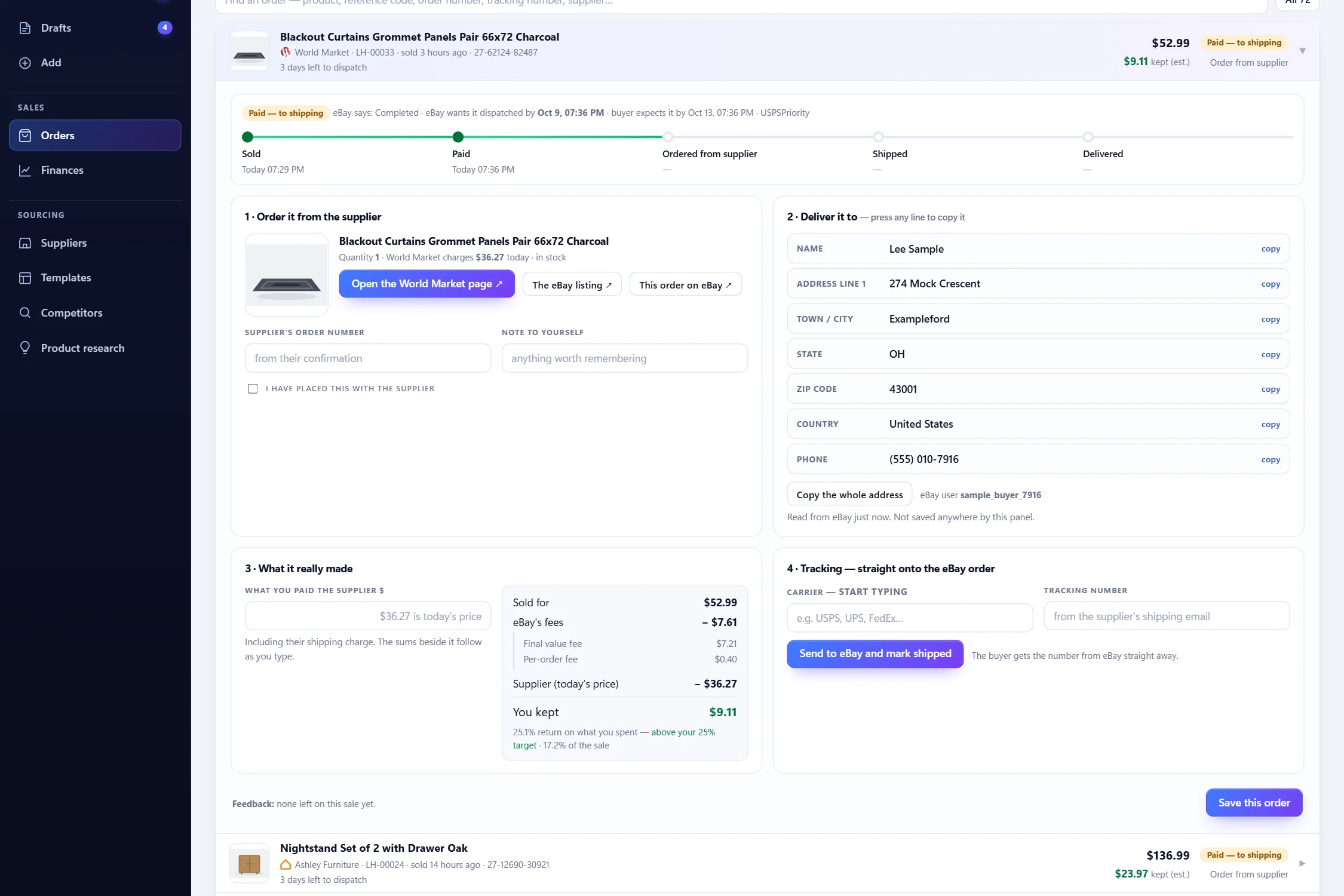 An order open: the supplier page, the address in copyable parts, the cost paid and the tracking
