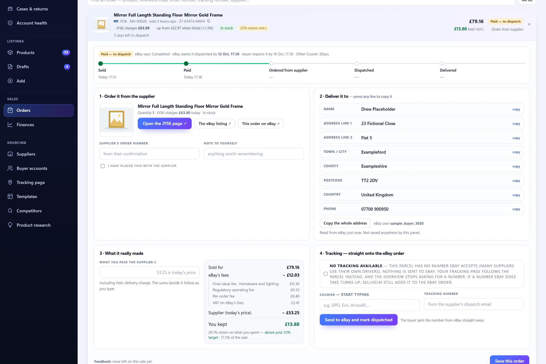 An order open: the supplier page, the address in copyable parts, the cost paid and the tracking