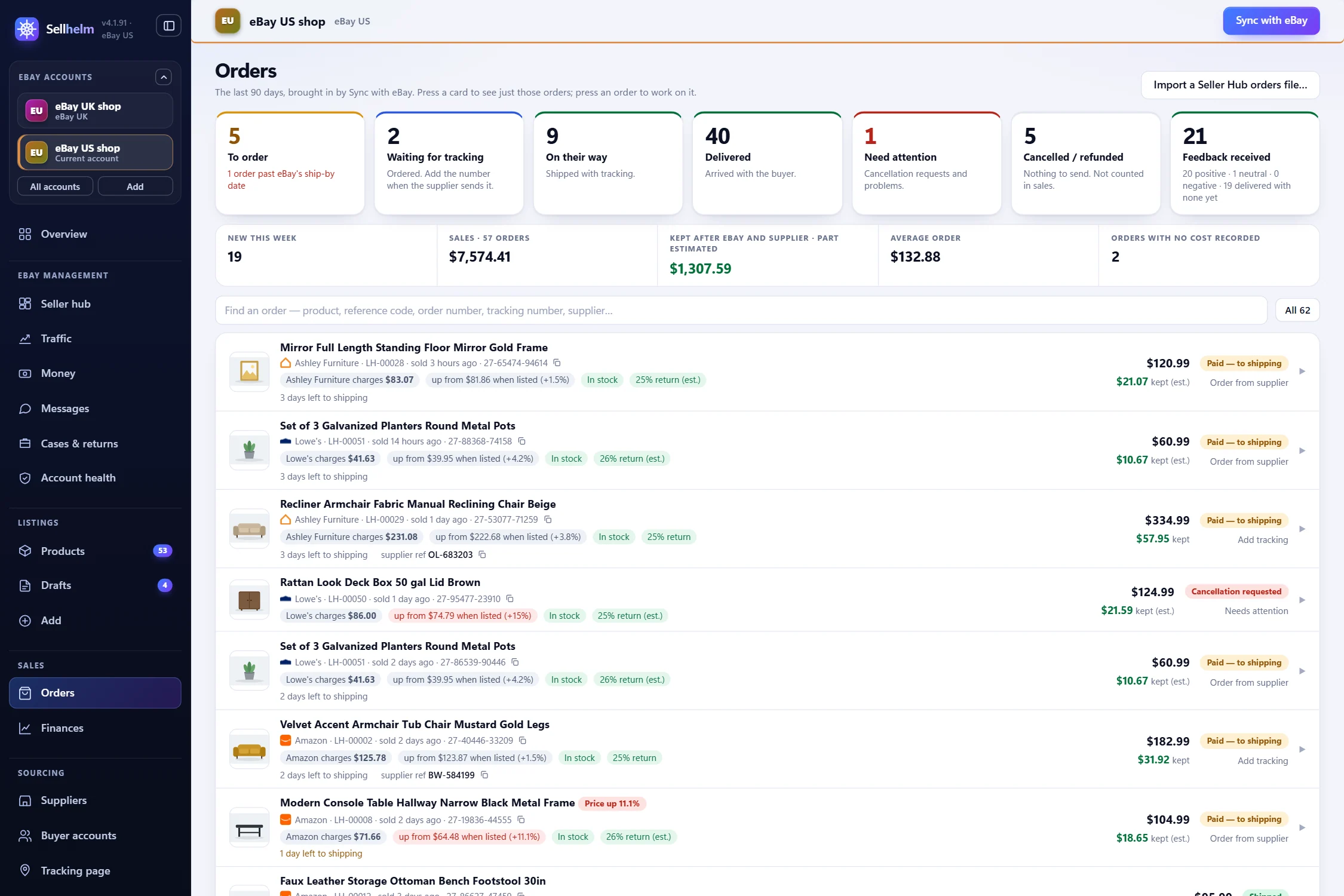 The Orders page: stage cards that are also filters, and every order with its profit and what to do next
