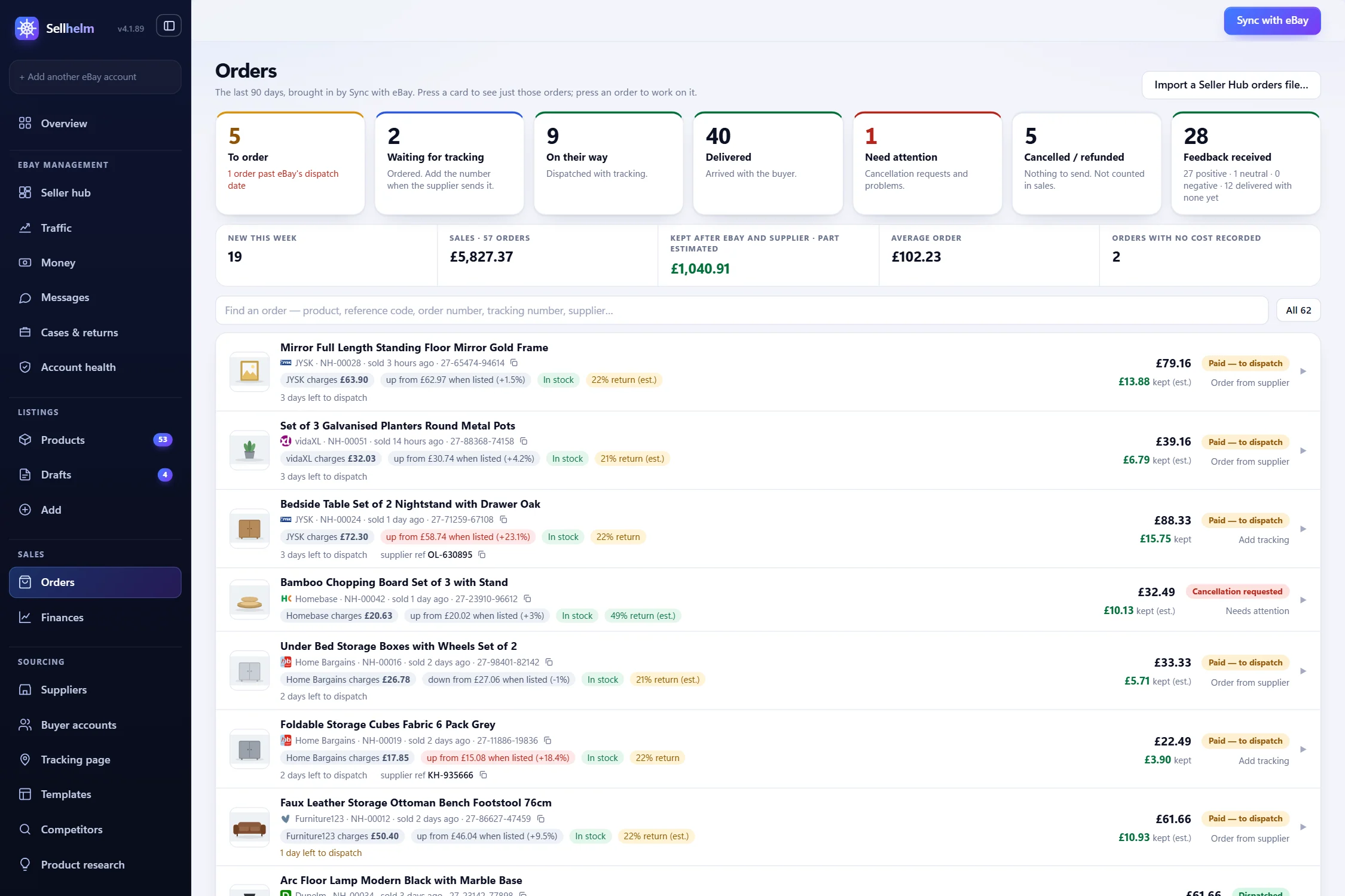 The Orders page: stage cards that are also filters, and every order with its profit and what to do next