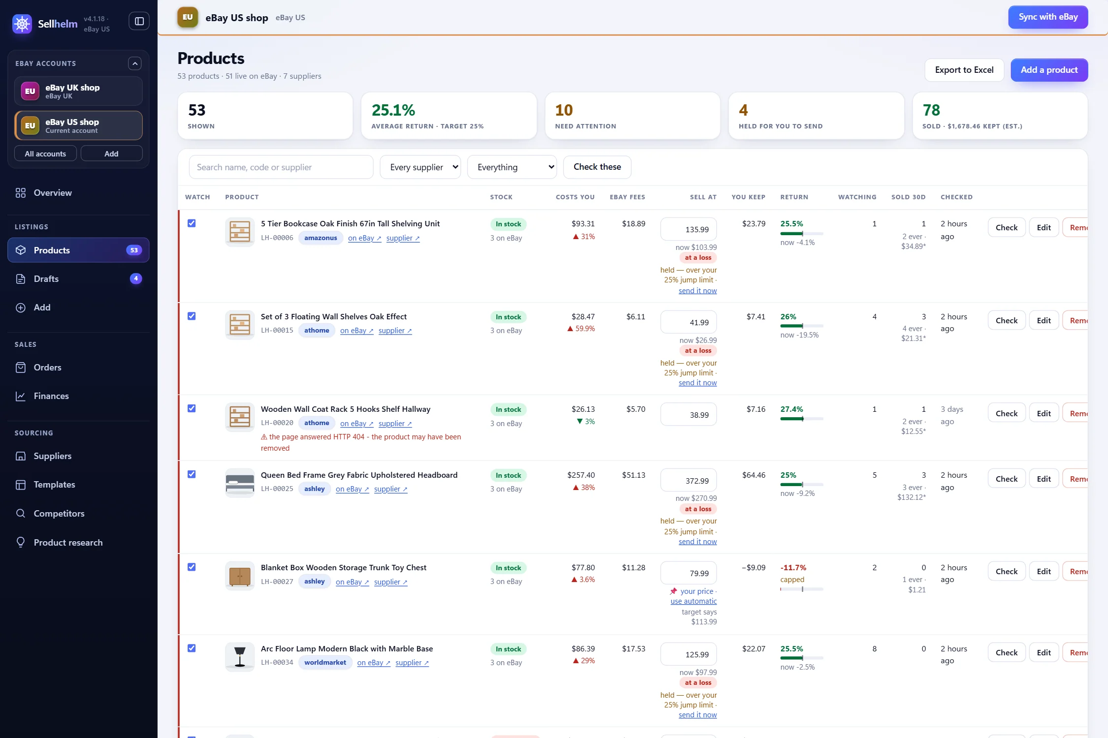 The Products page: what each product costs you, eBay’s fees, the price, what you keep and the return