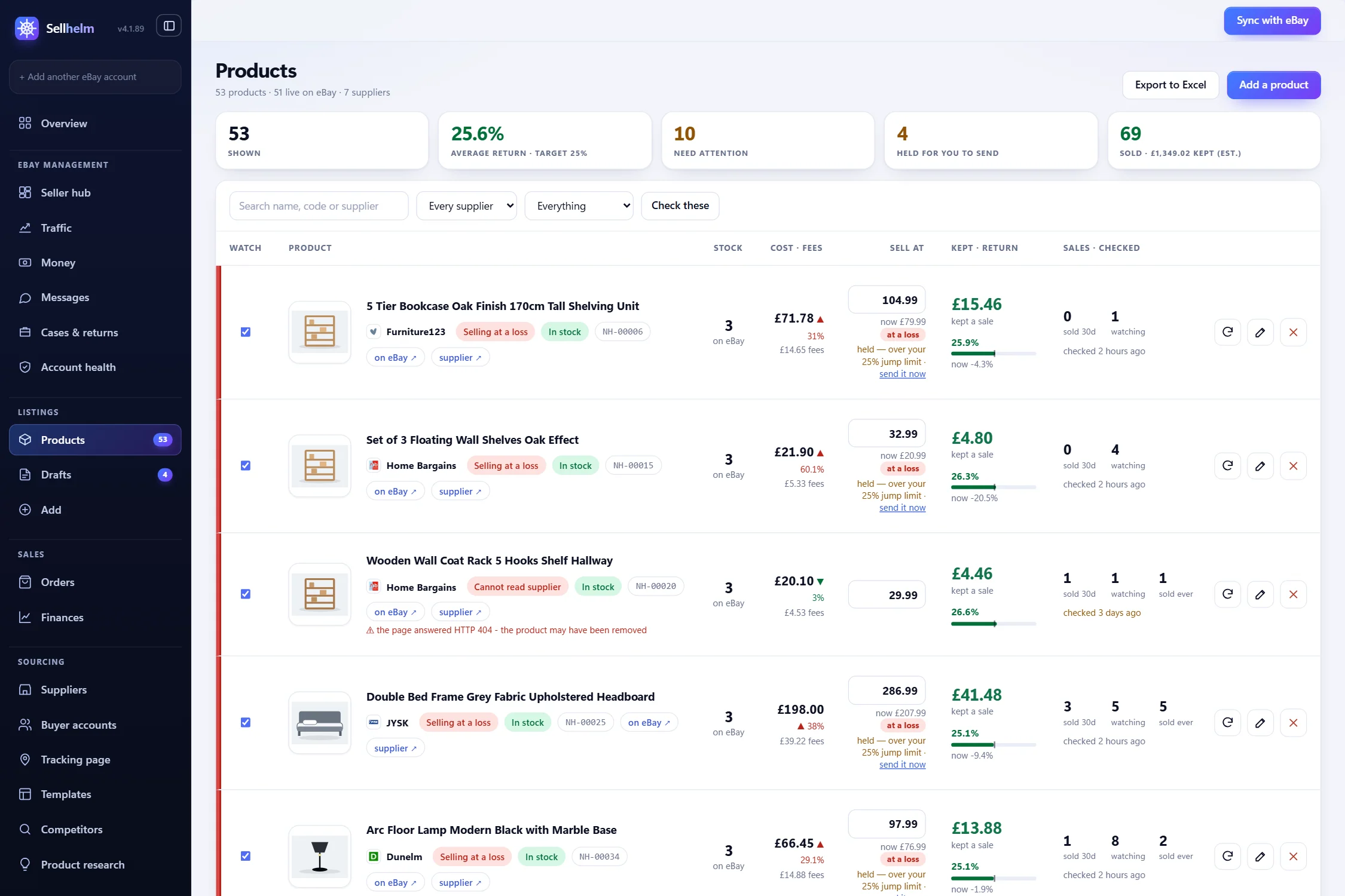 The Products page: what each product costs you, eBay’s fees, the price, what you keep and the return
