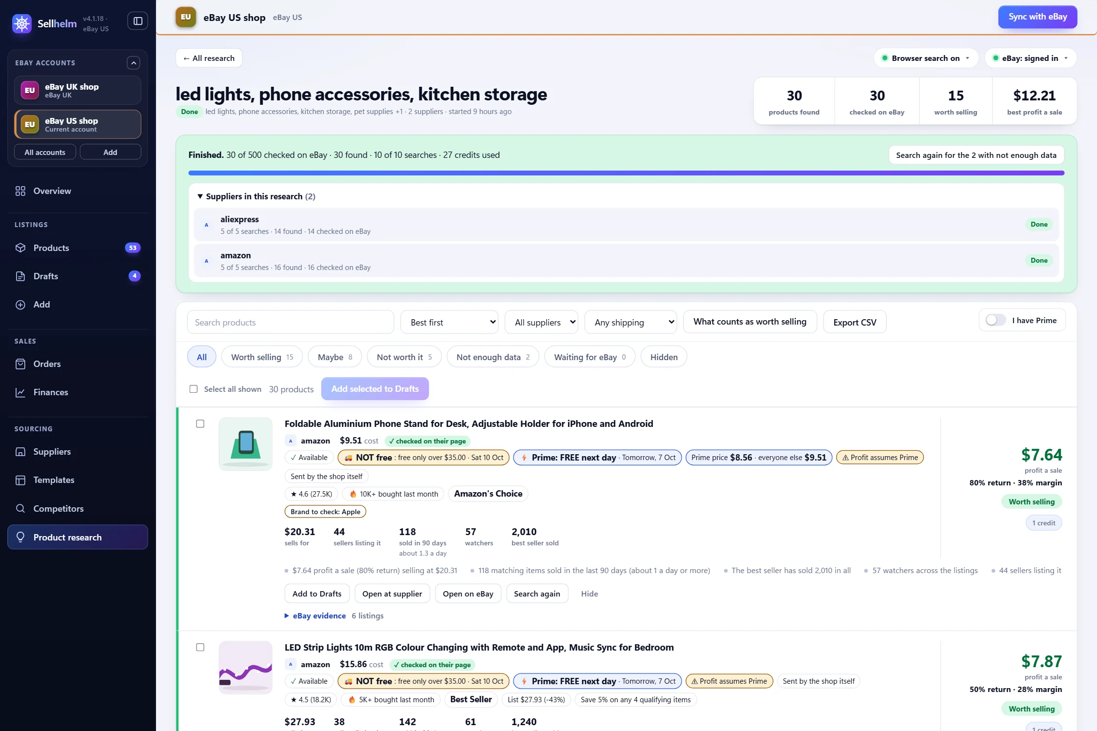 Product research: products ranked by verdict, with the profit on a sale, the return and eBay demand