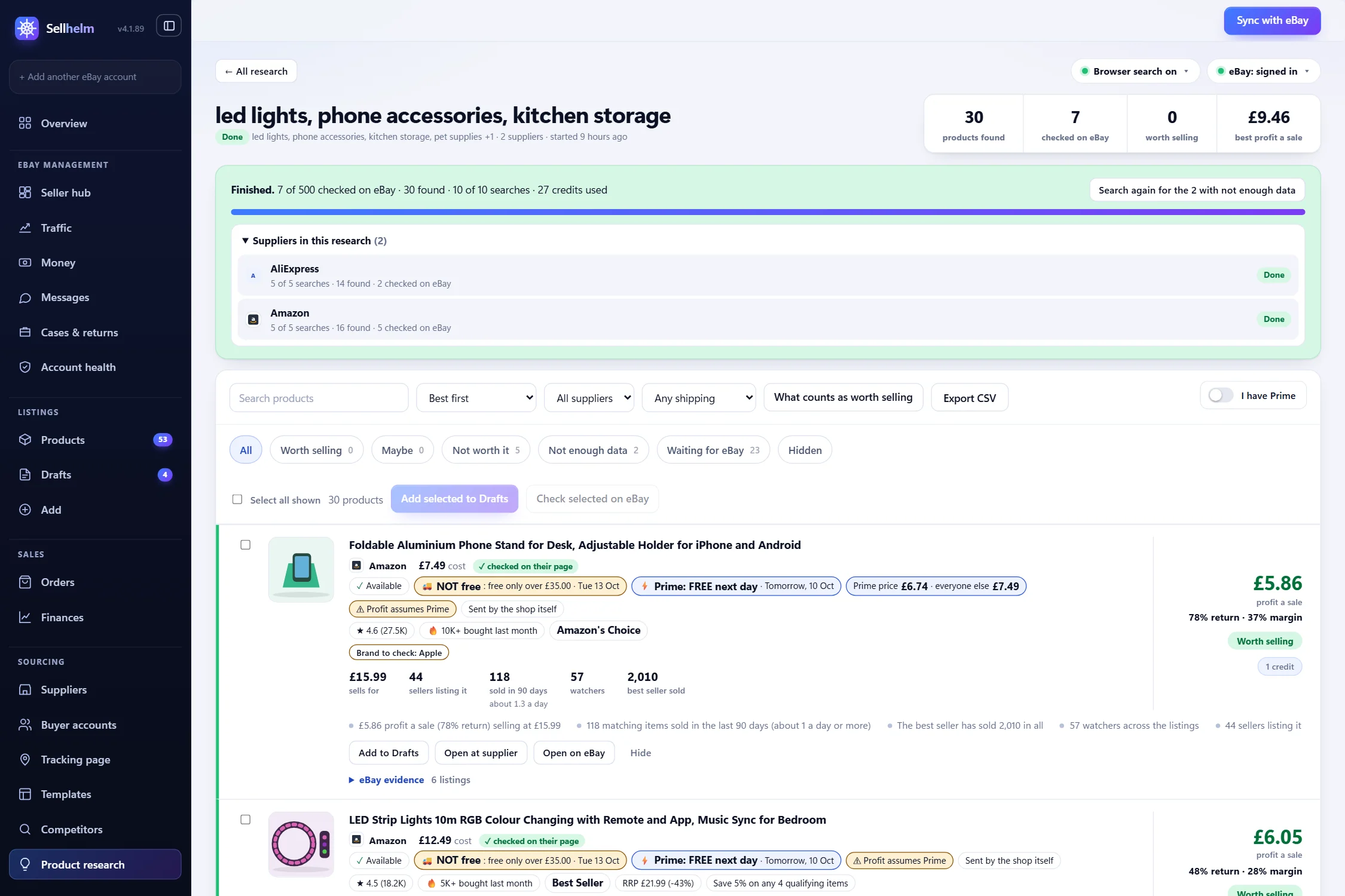 Product research: products ranked by verdict, with the profit on a sale, the return and eBay demand