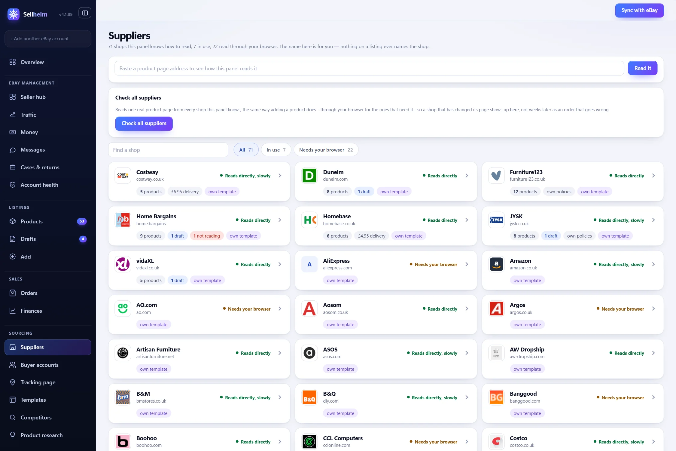 The Suppliers page: every shop with how it is read and what is set for it