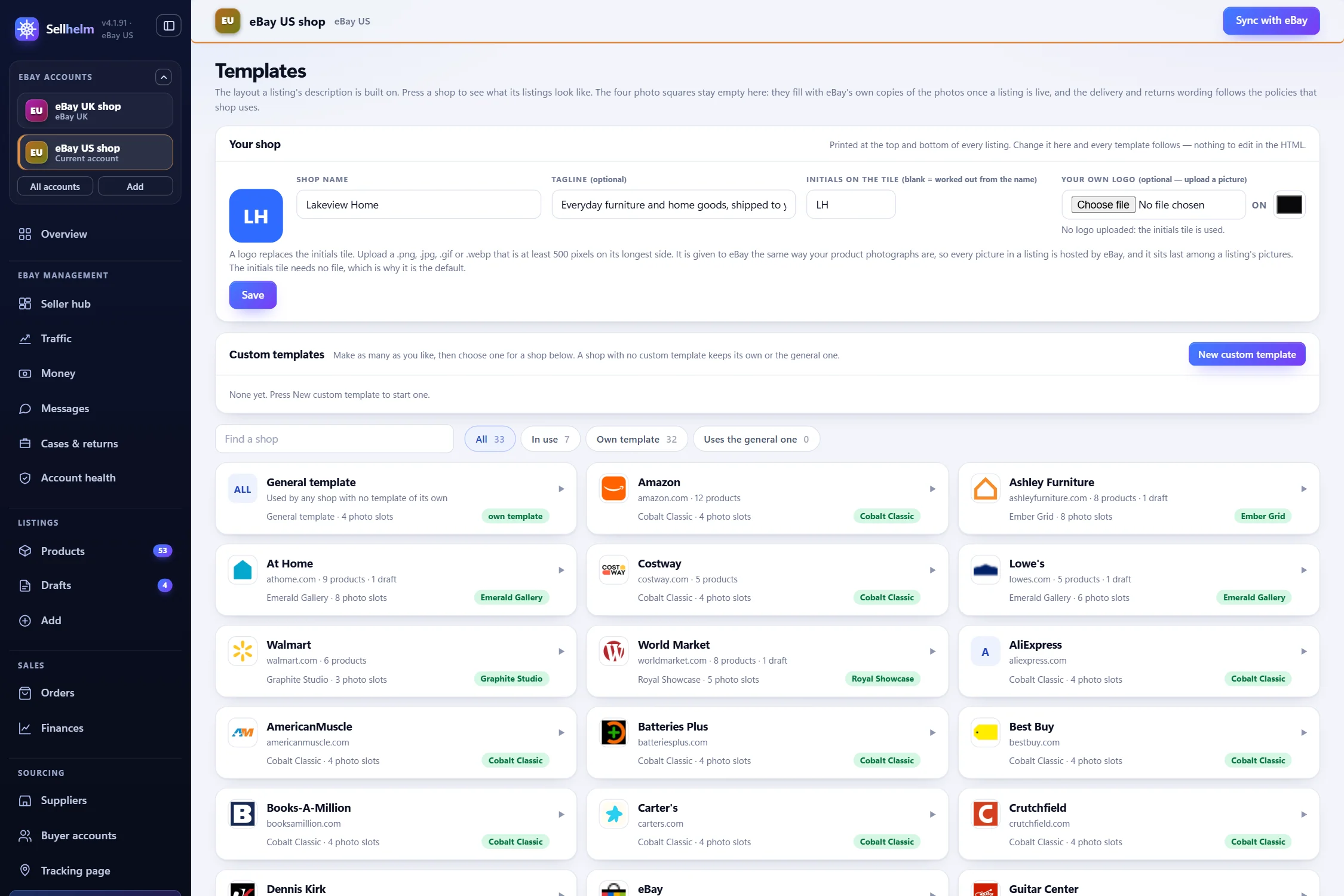 The Templates page: every shop with the design it uses, and a library of your own templates