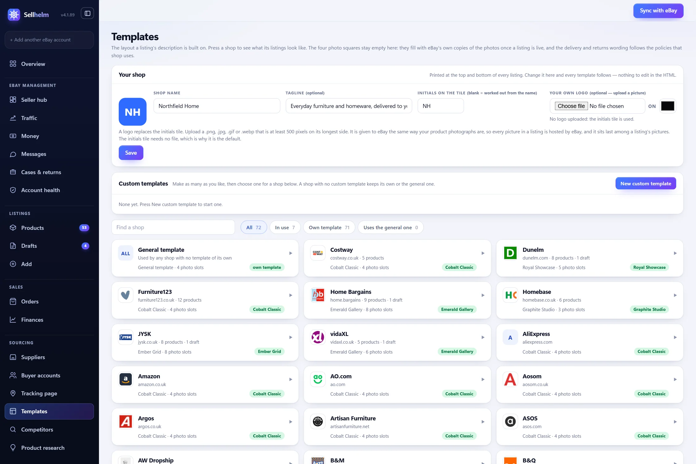 The Templates page: every shop with the design it uses, and a library of your own templates