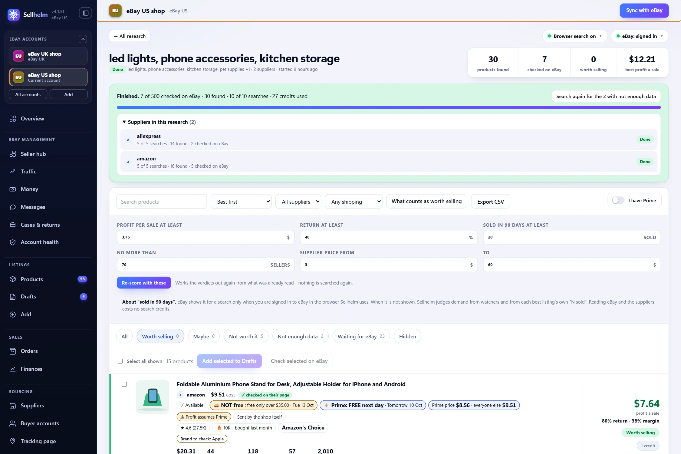 The “What counts as worth selling” settings for Product research