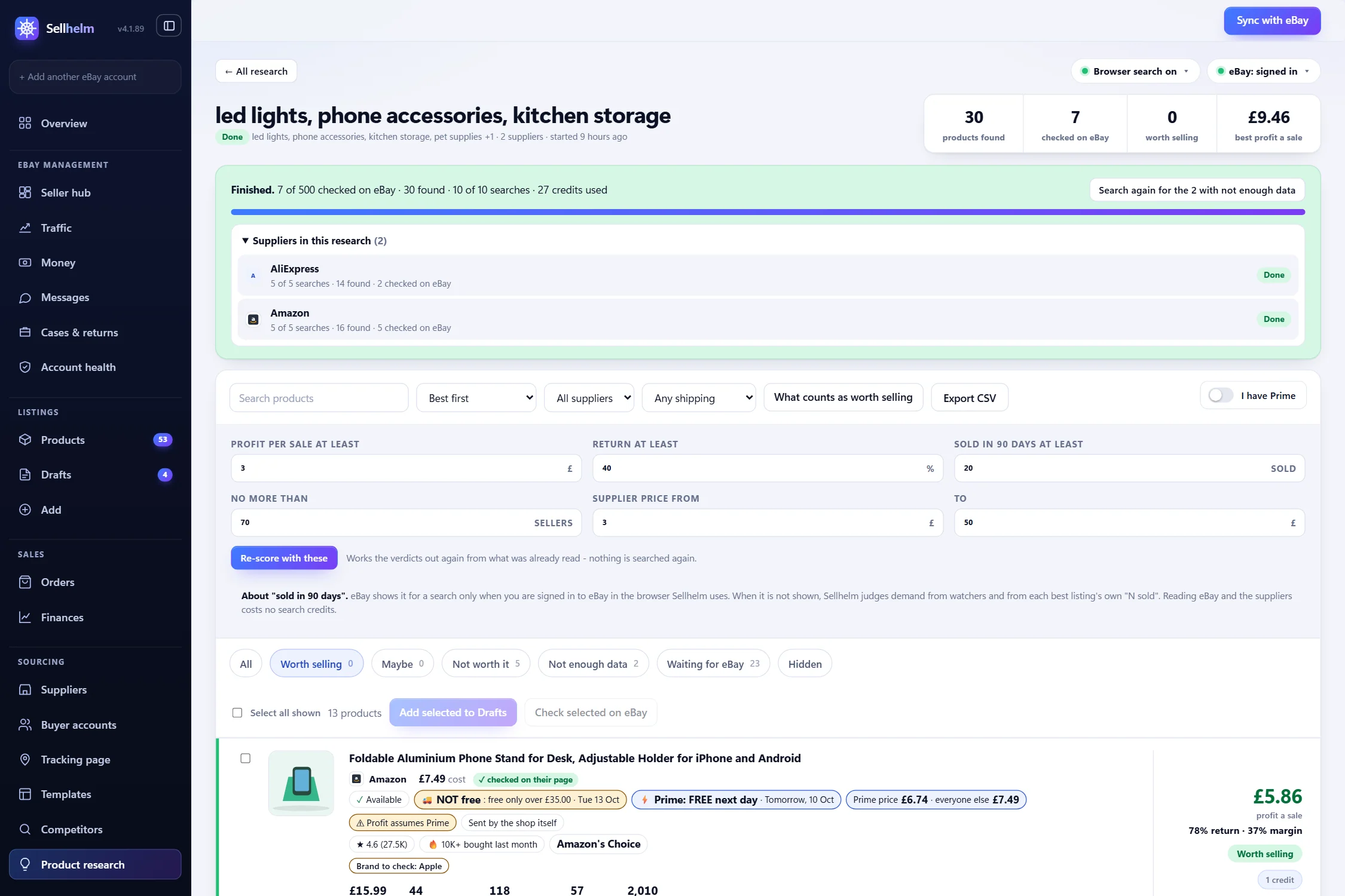 The “What counts as worth selling” settings for Product research