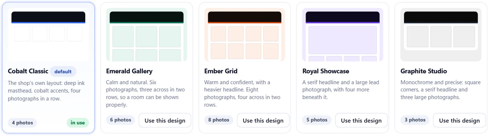 The Design and photos screen: Cobalt Classic, Emerald Gallery, Ember Grid, Royal Showcase and Graphite Studio, each with its photo count