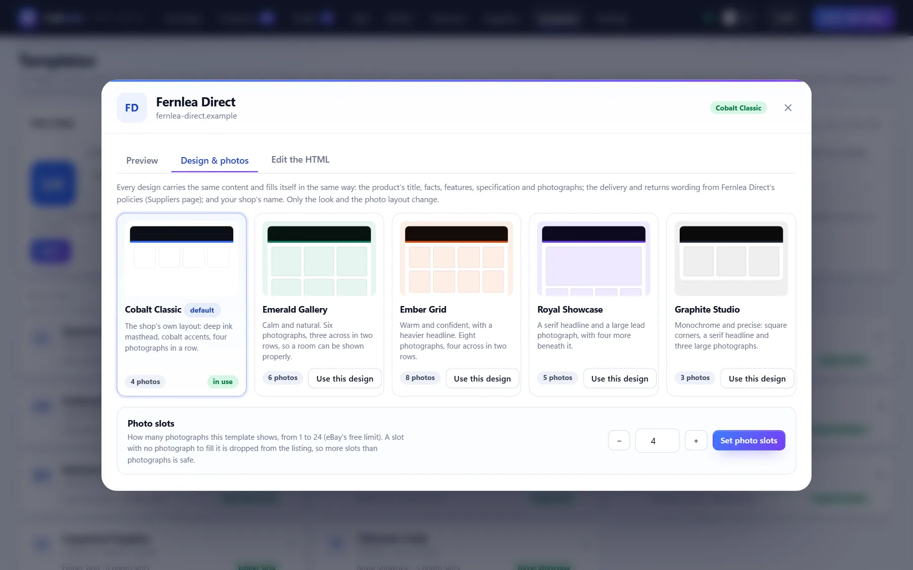 Sellhelm Templates page showing five listing designs and photo slots