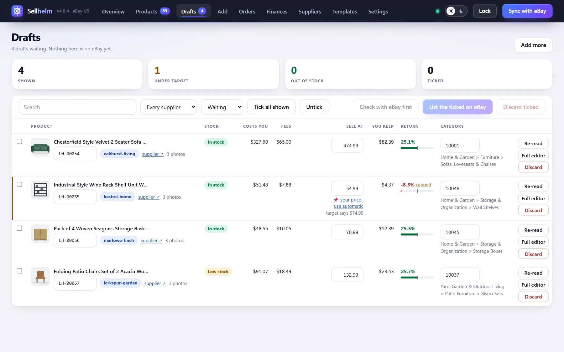 The Drafts screen, where a product waits until you have checked it