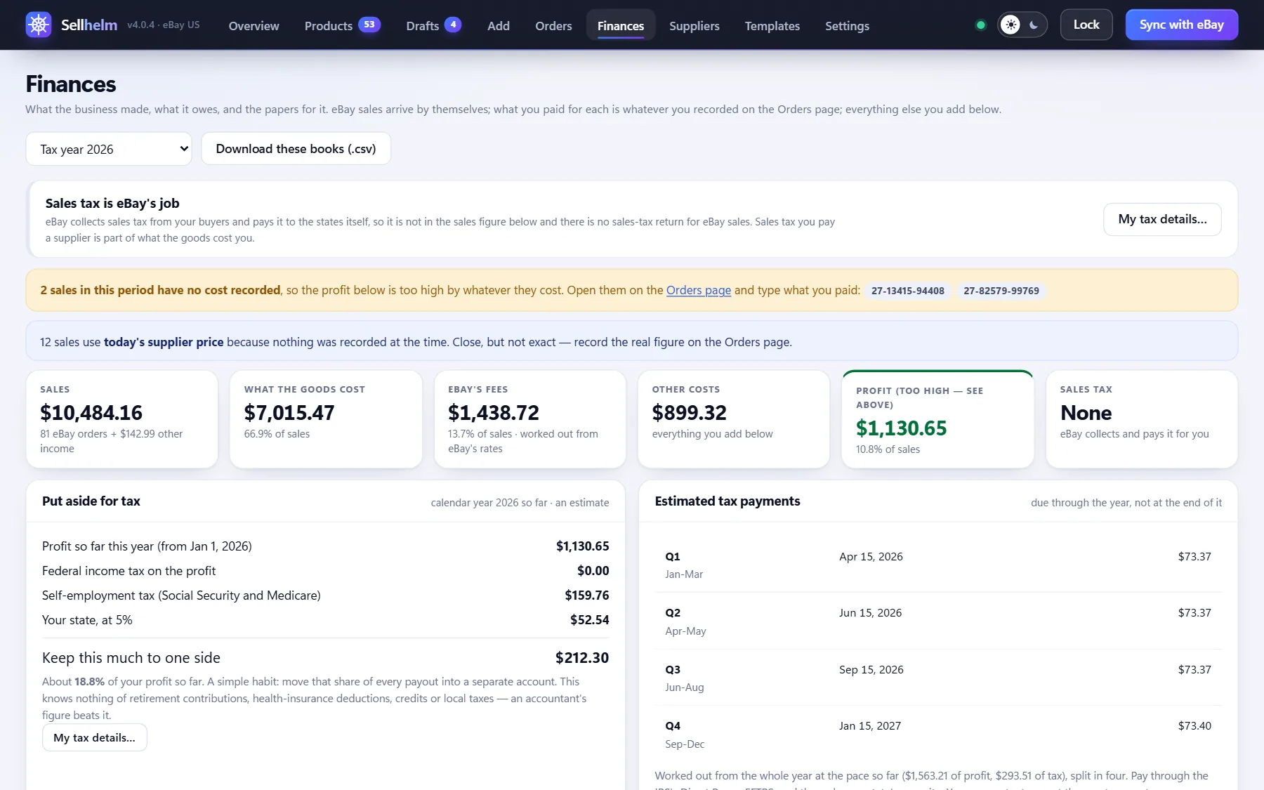 Sellhelm Finances: sales, costs, fees, profit and tax to put aside