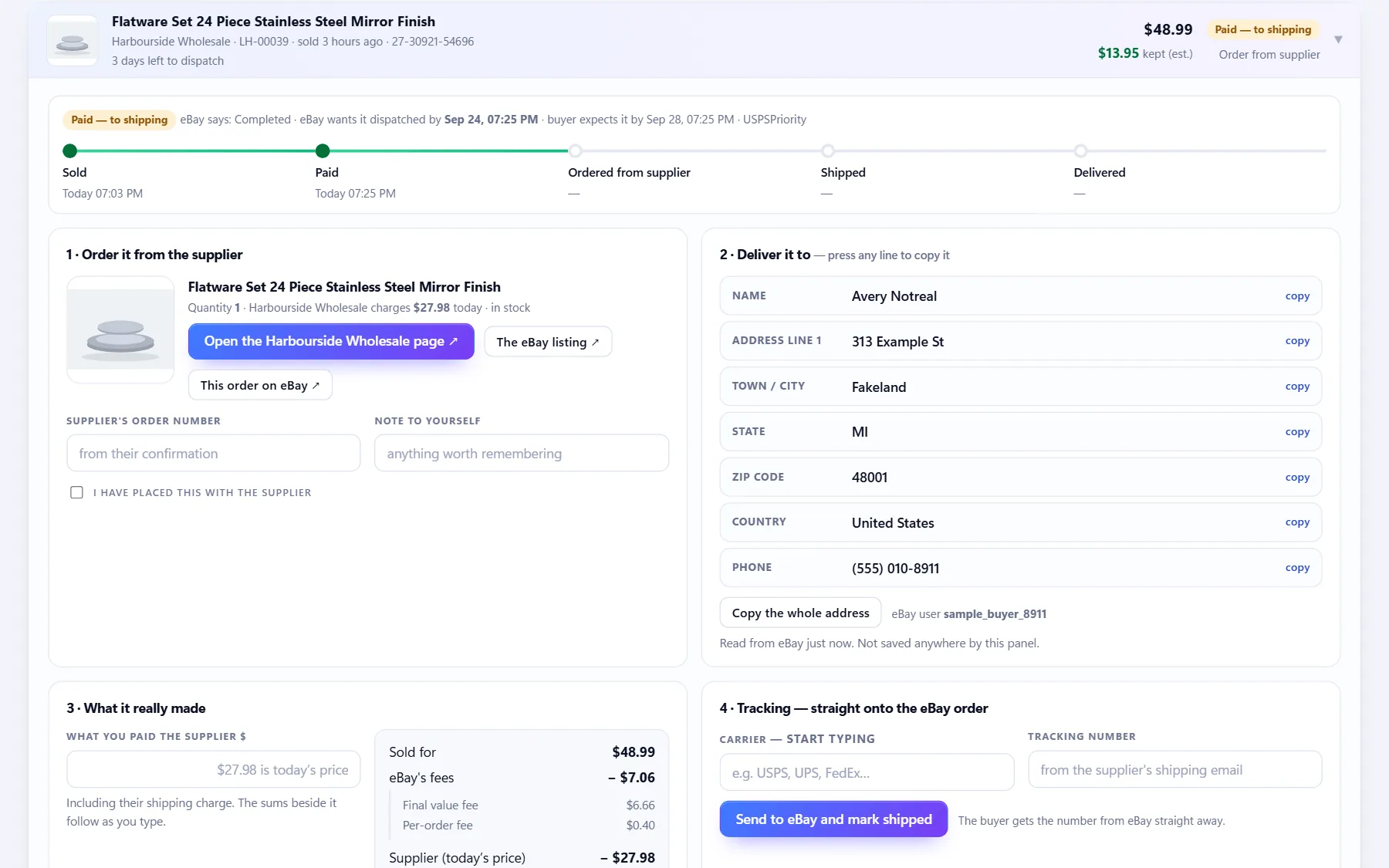 Sellhelm order desk: supplier link, address in copyable parts, real profit and tracking entry