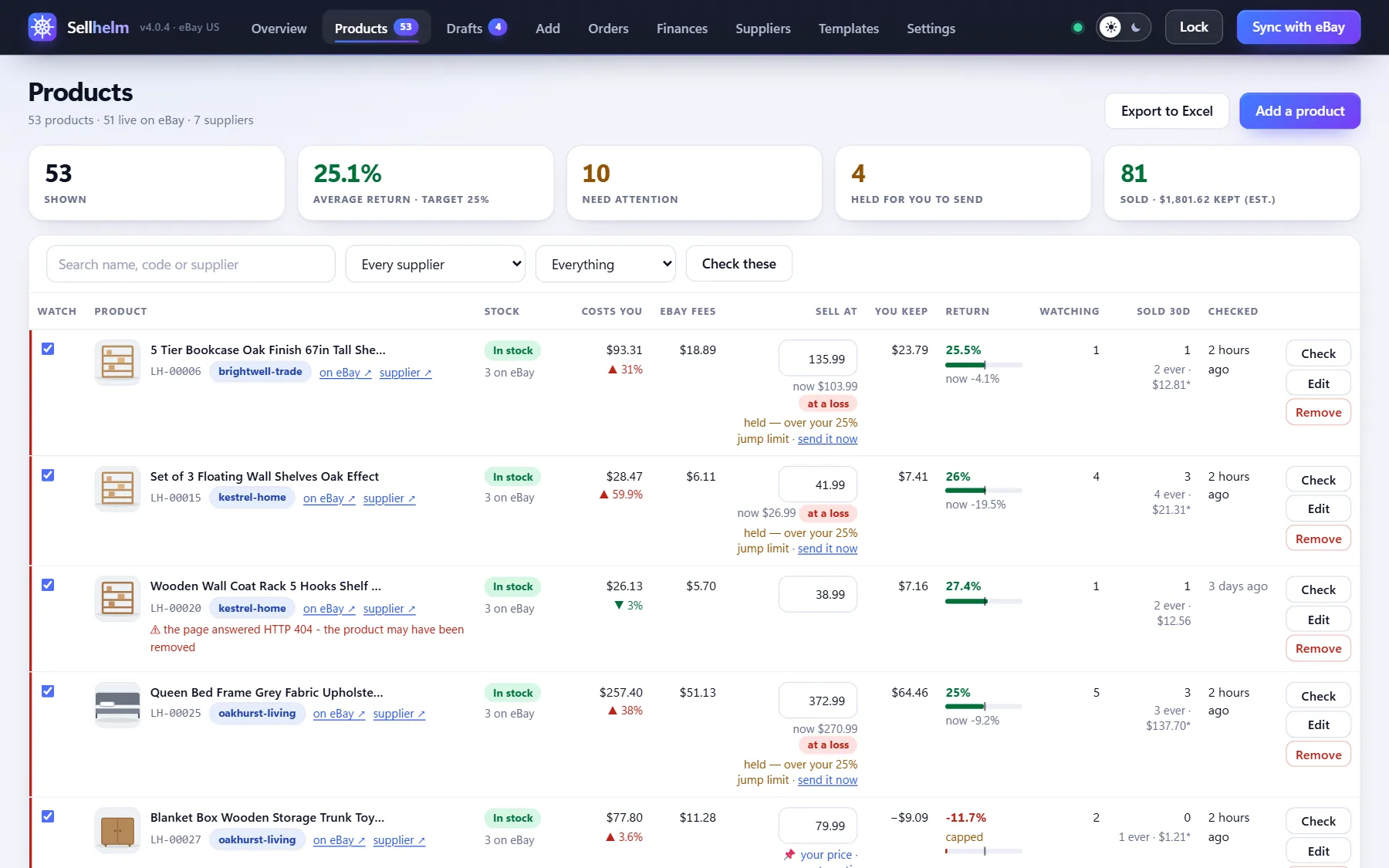 Sellhelm Products page: cost, eBay fees, sell price, what you keep and return against target for each listing