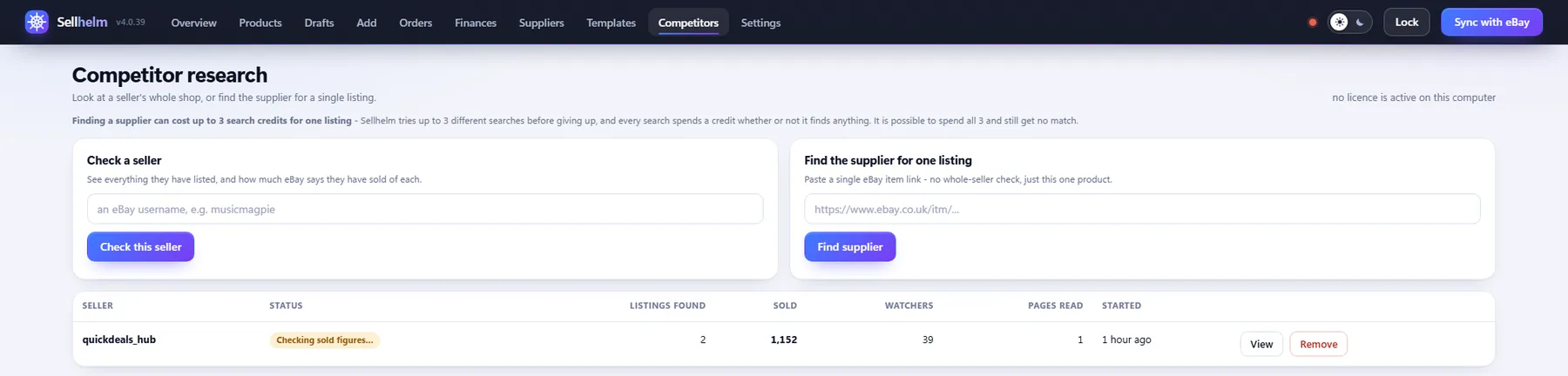 The Competitors page listing a seller's whole shop: sold and watcher counts, and a summary row per listing