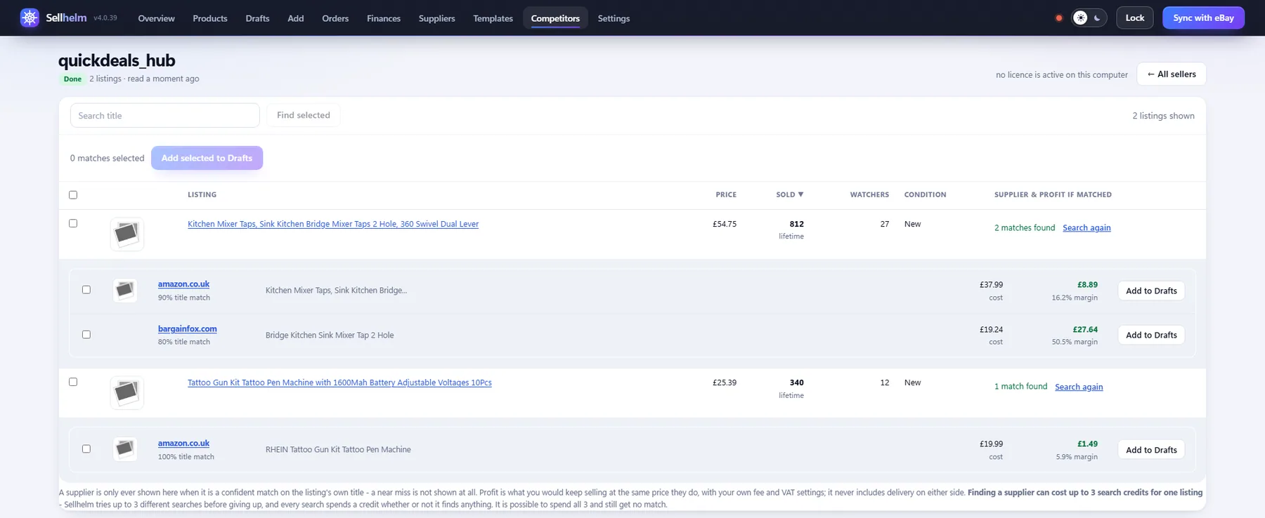 A listing with two confident supplier matches found, each with its own photo, cost and profit if matched