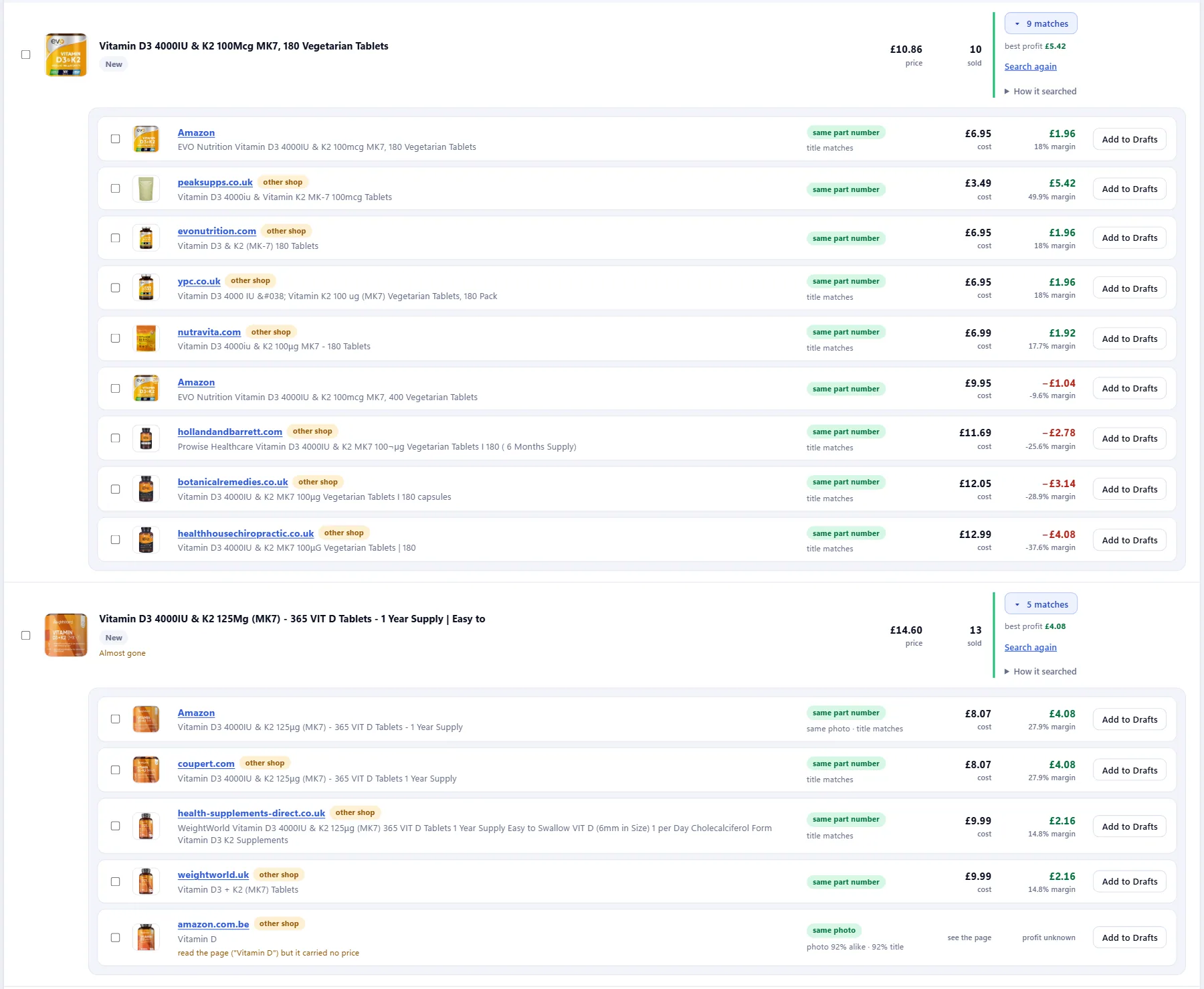 Competitor research: a listing with its supplier matches, each with cost, proof of match and profit