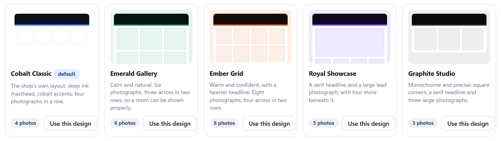 The Design and photos screen: Cobalt Classic, Emerald Gallery, Ember Grid, Royal Showcase and Graphite Studio, each with its photo count