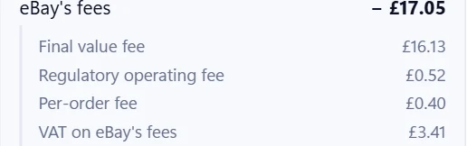 An order's eBay fees broken down: final value fee, regulatory operating fee, per-order fee, and VAT on eBay's fees as its own line