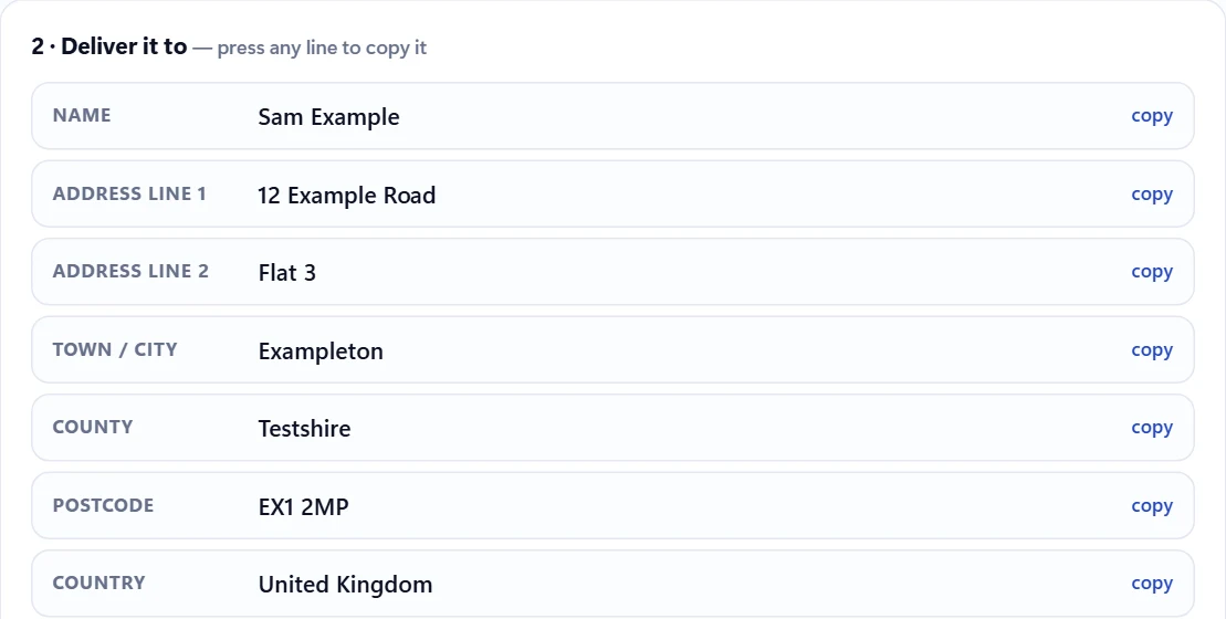 The Deliver it to card on the order desk: name, address lines, town, county, postcode and country, each with a copy button