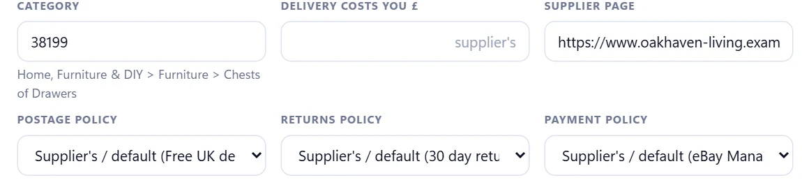 A product's Postage, Returns and Payment policy fields, each reading "Supplier's / default" - ready to override for this one product only