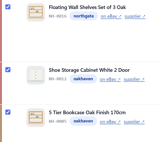 Product photos read from the supplier's own page in Sellhelm's Products table, next to each product's name, code and supplier