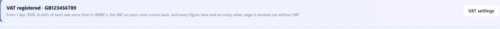 Sellhelm's "VAT registered - GB123456789" badge on the Finances page, a real registration number behind the account