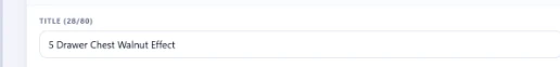 A product's TITLE field in Sellhelm, showing eBay's real 28/80 character counter