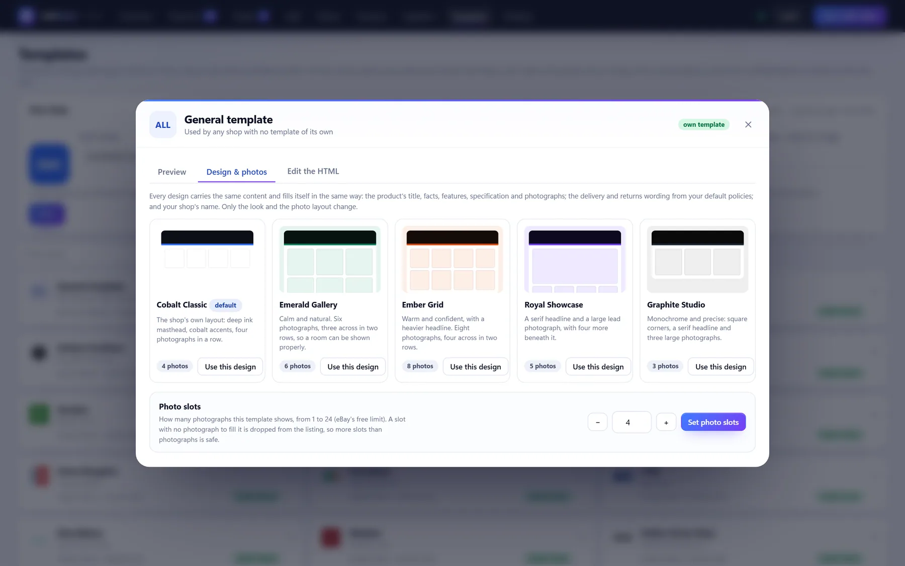 Sellhelm Templates page showing five listing designs and photo slots