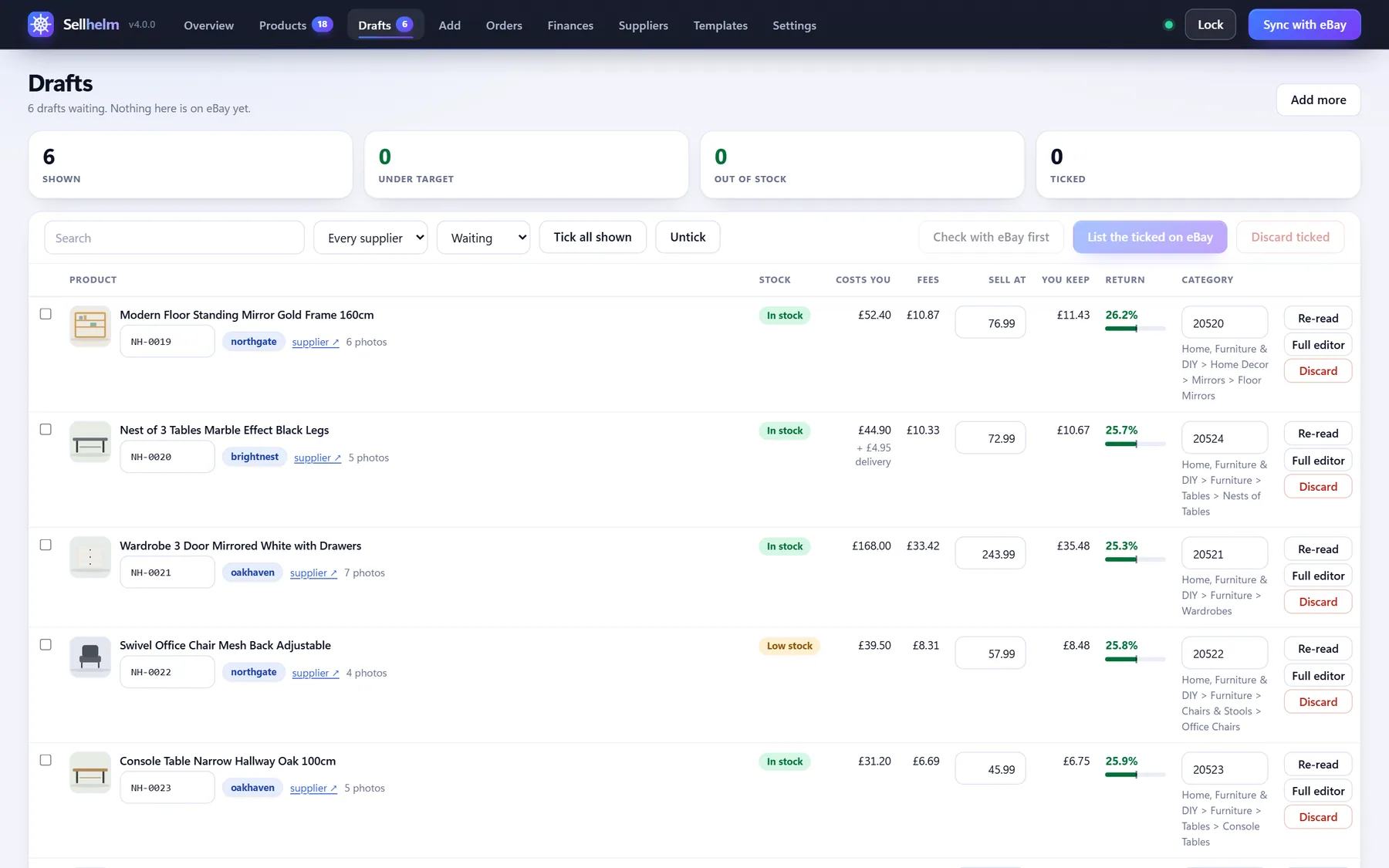 Sellhelm Drafts page: each draft shows what it costs you, eBay's fees, the price to sell at and what you keep