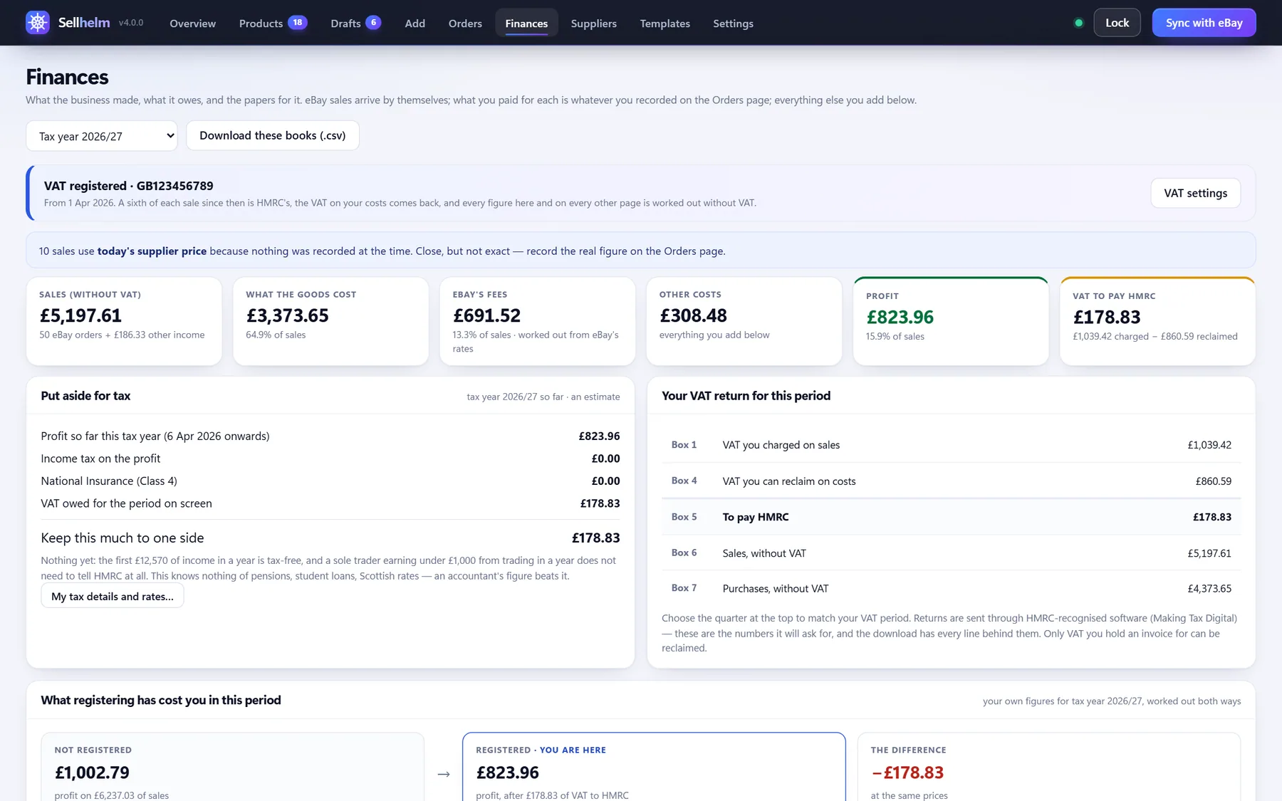 Sellhelm Finances: sales, costs, fees, profit, VAT to pay and VAT return boxes