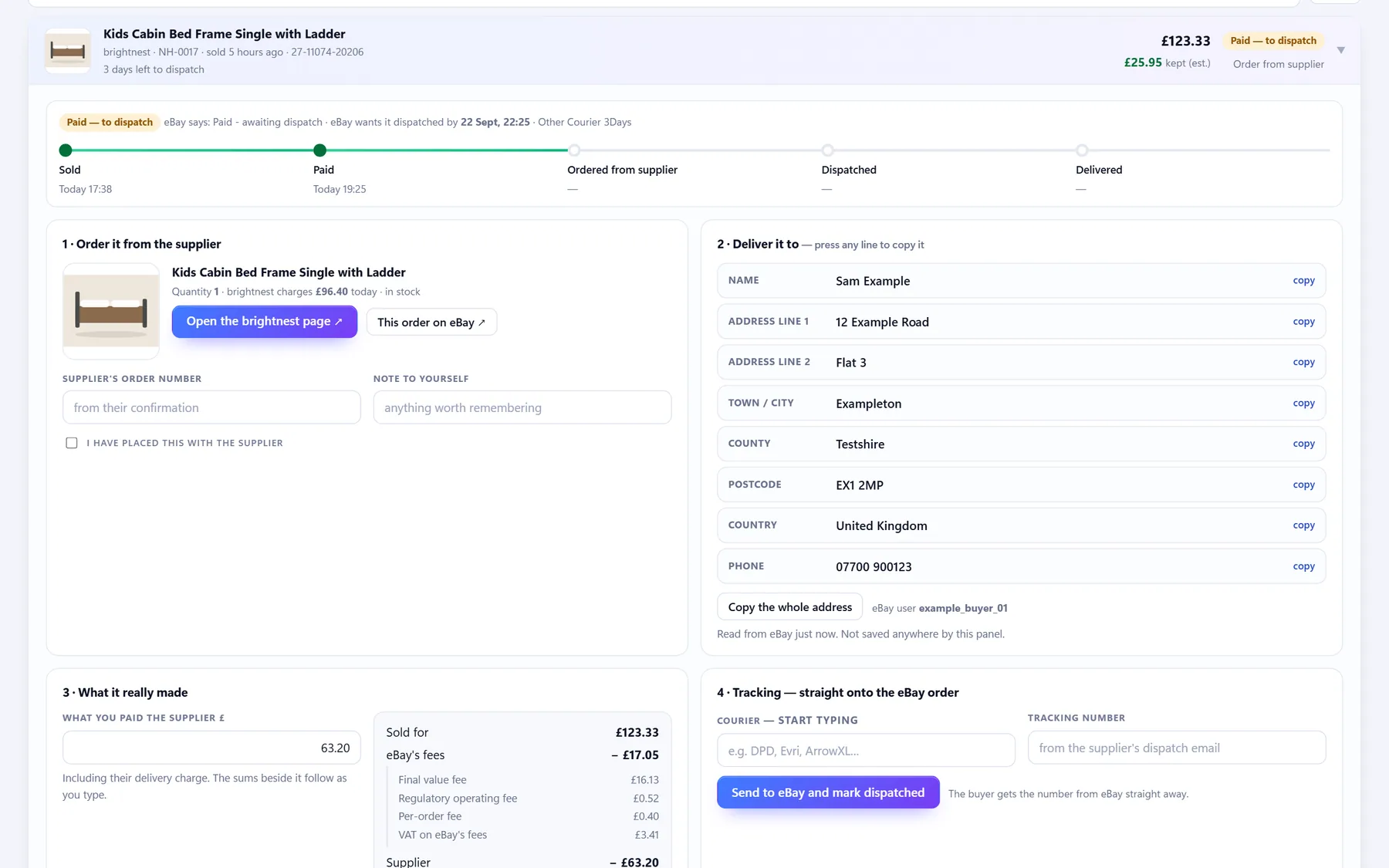 Sellhelm order desk: supplier link, address in copyable parts, real profit and tracking entry