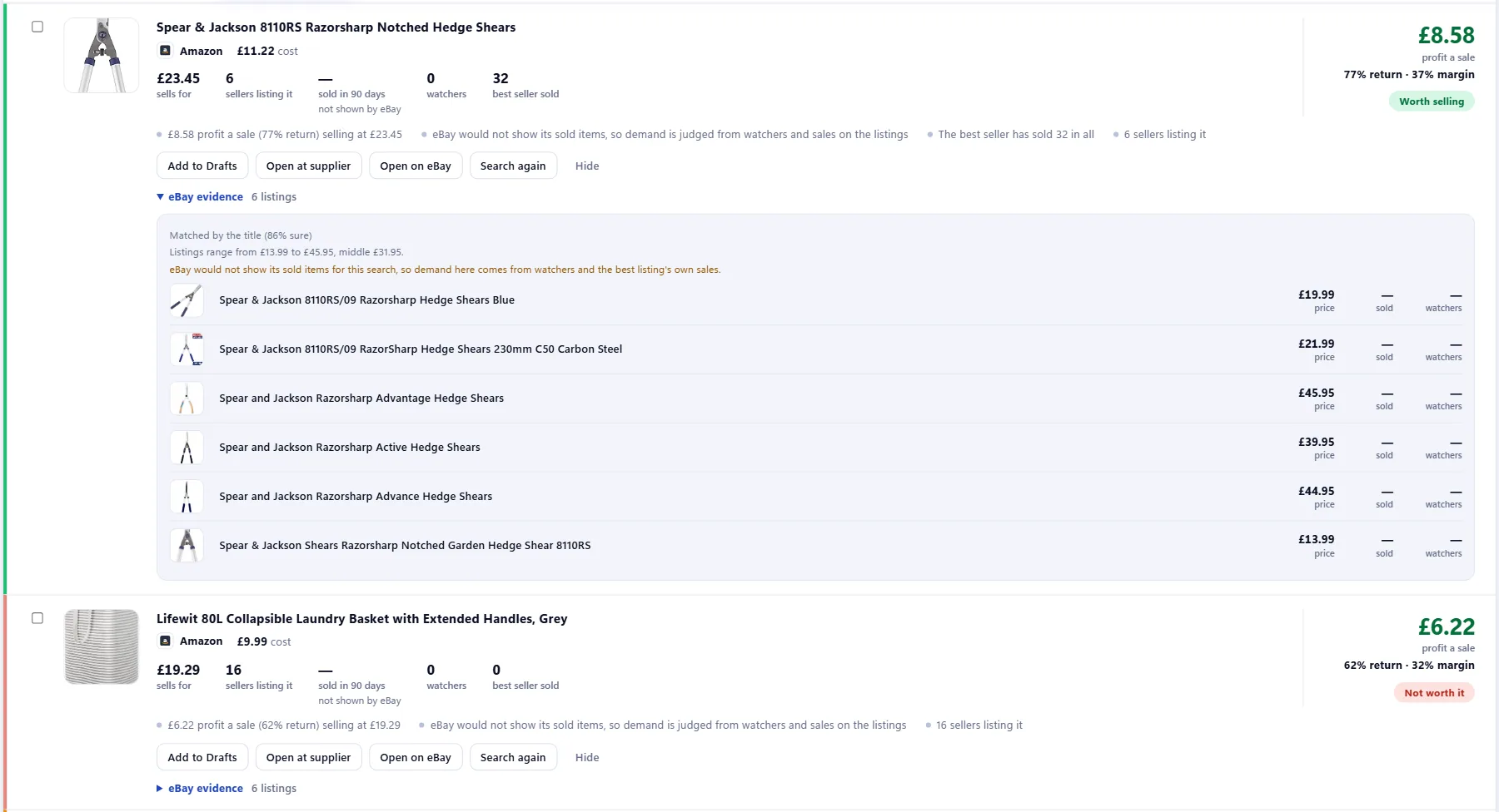 One product with the real eBay listings it was checked against