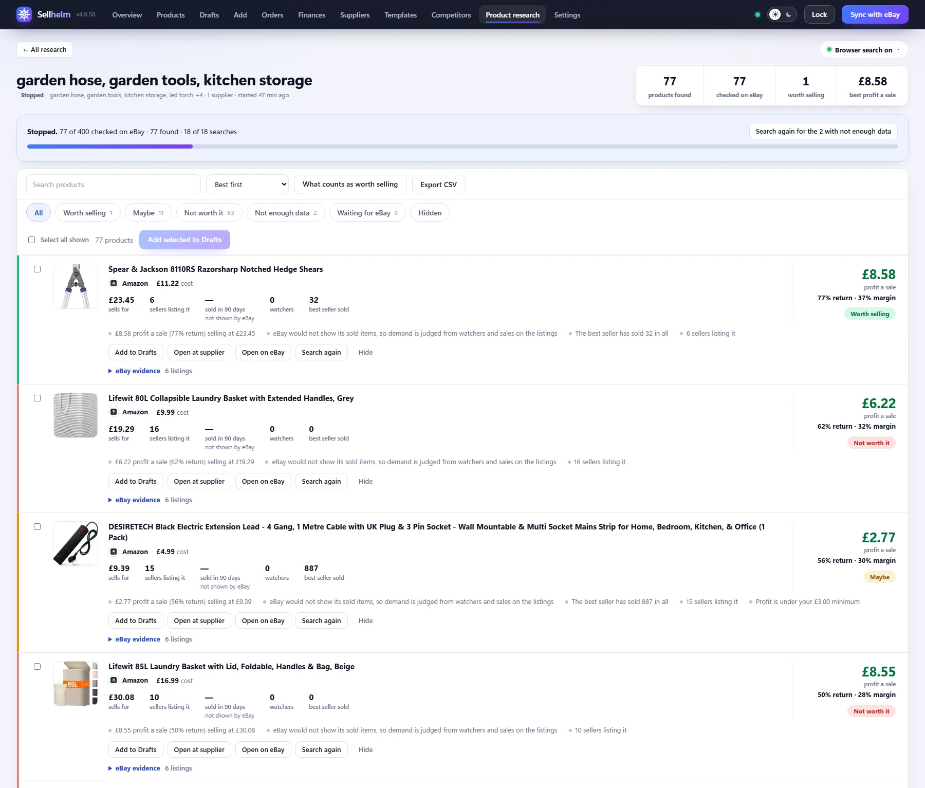 Product research in Sellhelm: products found at suppliers with real photos, each checked on eBay with its price, sellers, sales and a verdict on whether it is worth selling