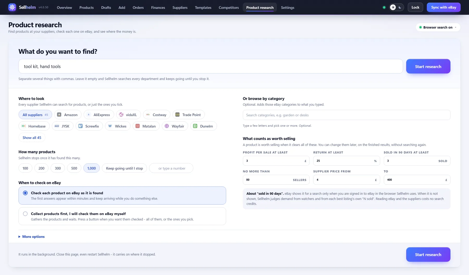 The Start research form: what to find, which suppliers, how many products and when to check them on eBay
