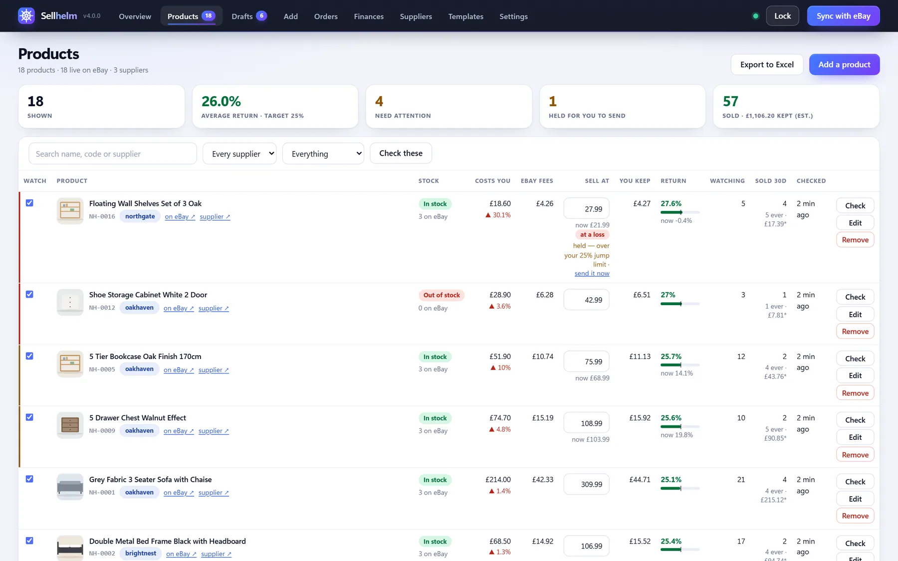 Sellhelm Products page: cost, eBay fees, sell price, what you keep and return against target for each listing